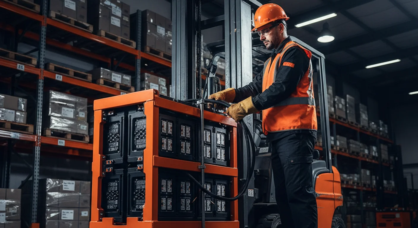 산업용 배터리 설치 전문가가 작업하는 모습